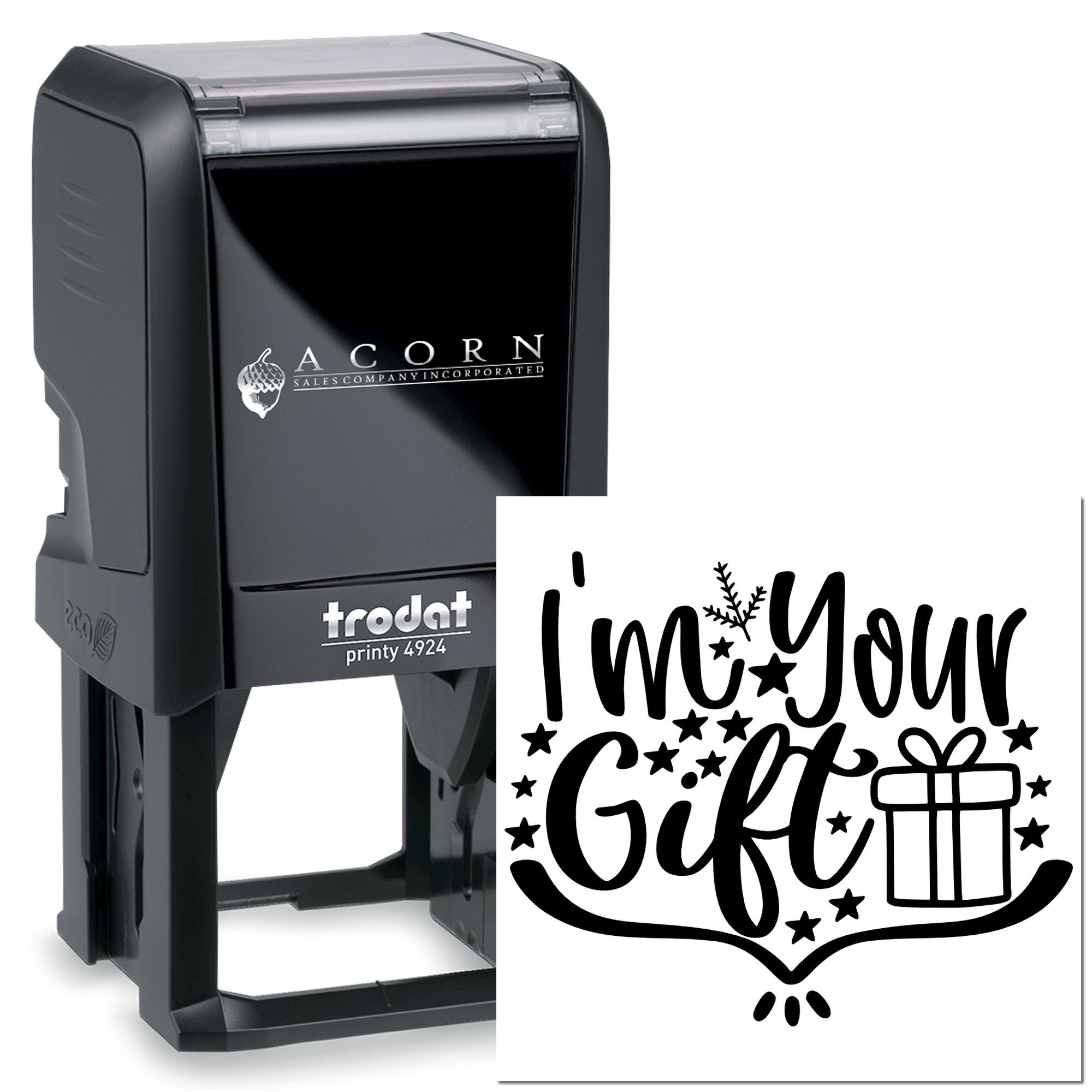 Custom self-inking rubber stamp, Trodat Printy 4924, with Im Your Gift holiday gift design.