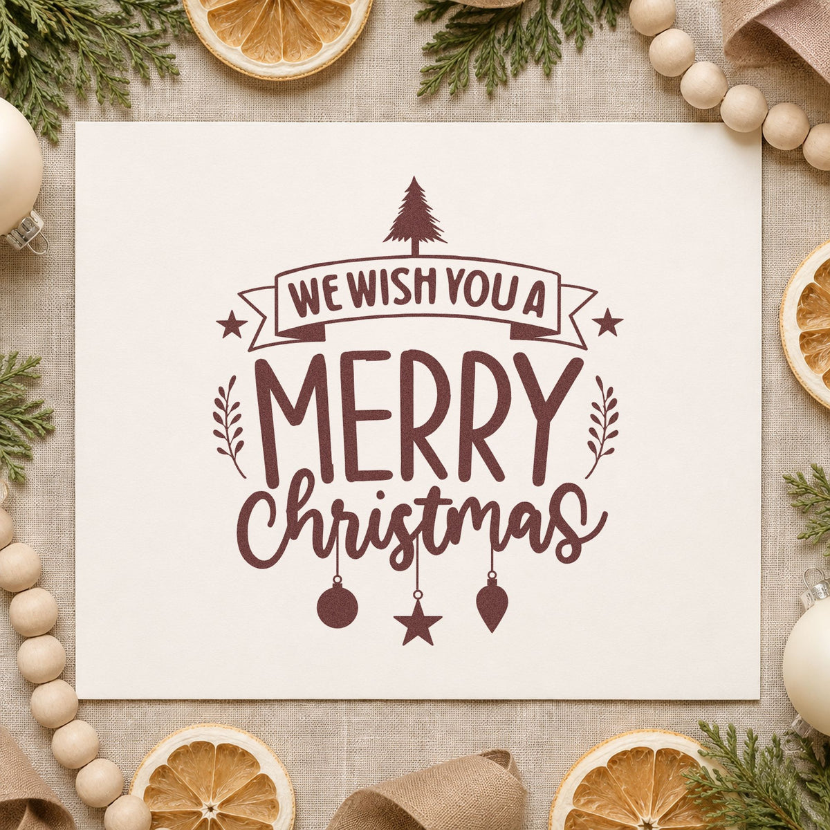 We Wish You Merry Christmas rubber stamp printed in brown ink, ready for master plan sheet and similar paper crafts.
