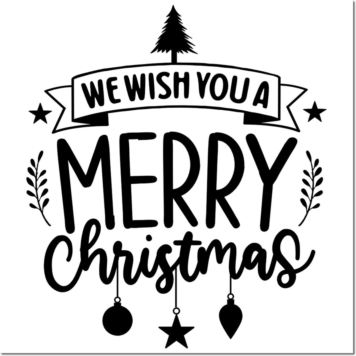 Merry Christmas rubber stamp design with festive holiday message, tree, stars and ornaments, featuring We Wish You a Merry Christmas