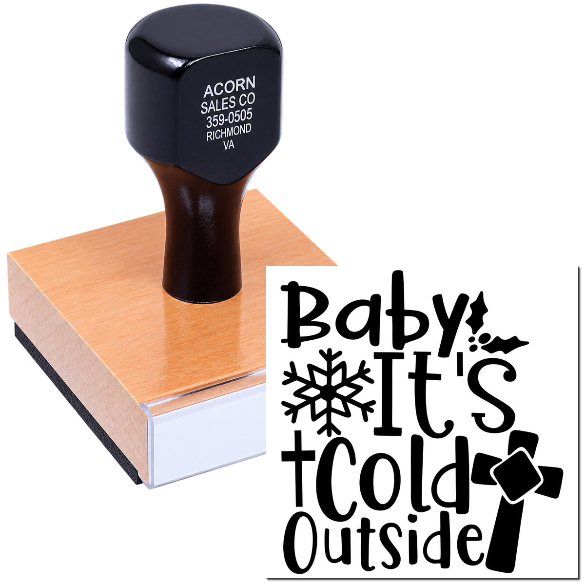 Custom rubber stamp for Baby Its Cold Outside winter cards and crafts, with snowflake design and holiday lettering.