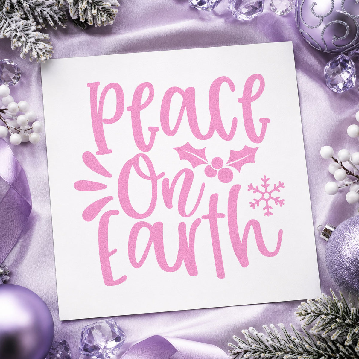 Peace On Earth Holly craft stamp in purple ink on cardstock, an easy option for quiet year album.