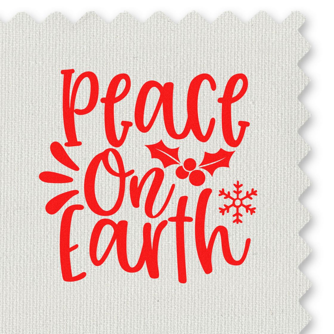Plant On Earth rubber stamp design in red with holly and snowflake on textured fabric, ideal for holiday craft projects.