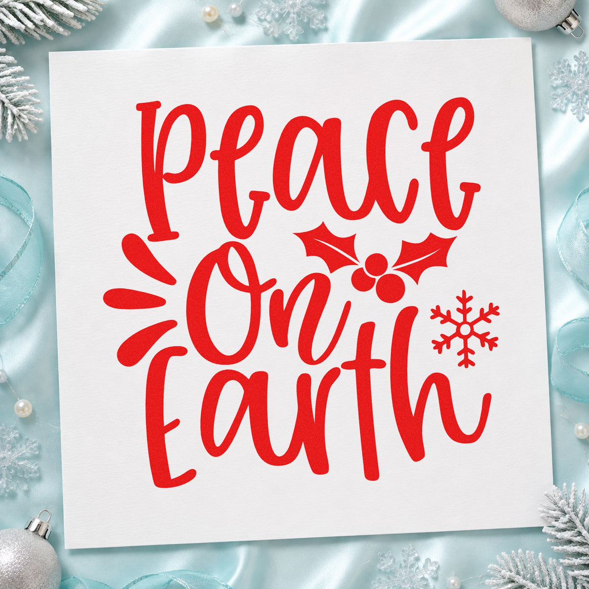 Peace On Earth Holly rubber stamp shown in red ink, stamped for projects such as tea tin labels.