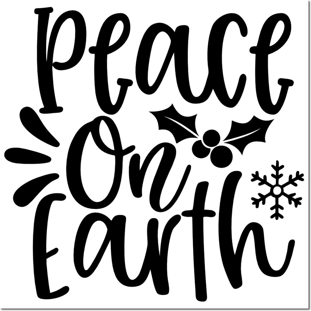 Peace on Earth holiday rubber stamp design with holly, snowflake, and festive hand-lettered winter greeting.