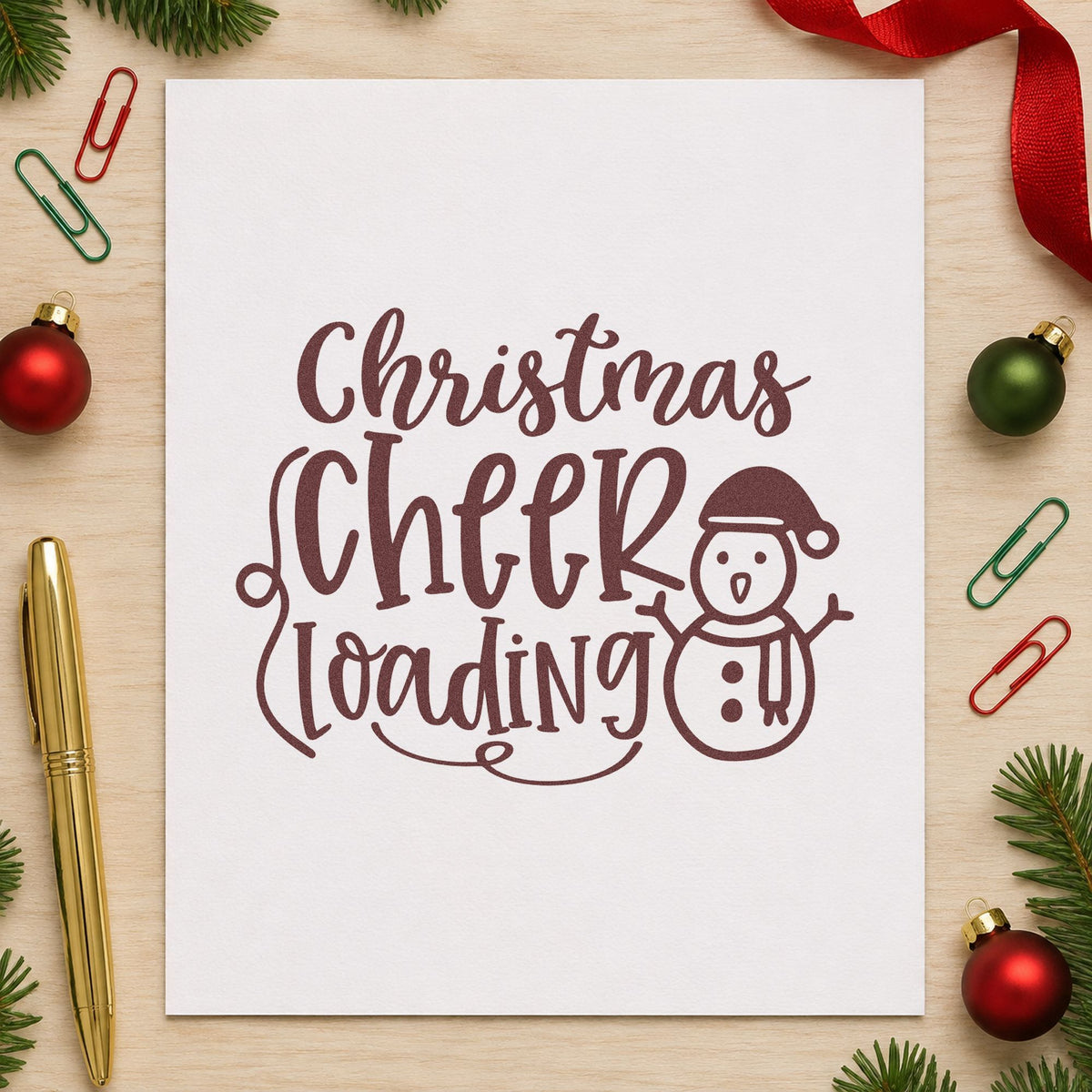 Christmas Cheer Loading Snowman rubber stamp printed in brown ink, ready for progress fill sheet and similar paper crafts.