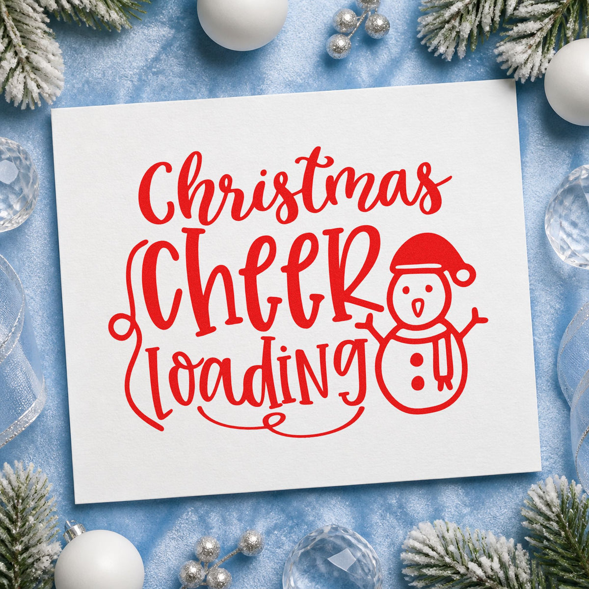 Christmas Cheer Loading Snowman craft stamp in red ink on cardstock, an easy option for mitten palm printing.