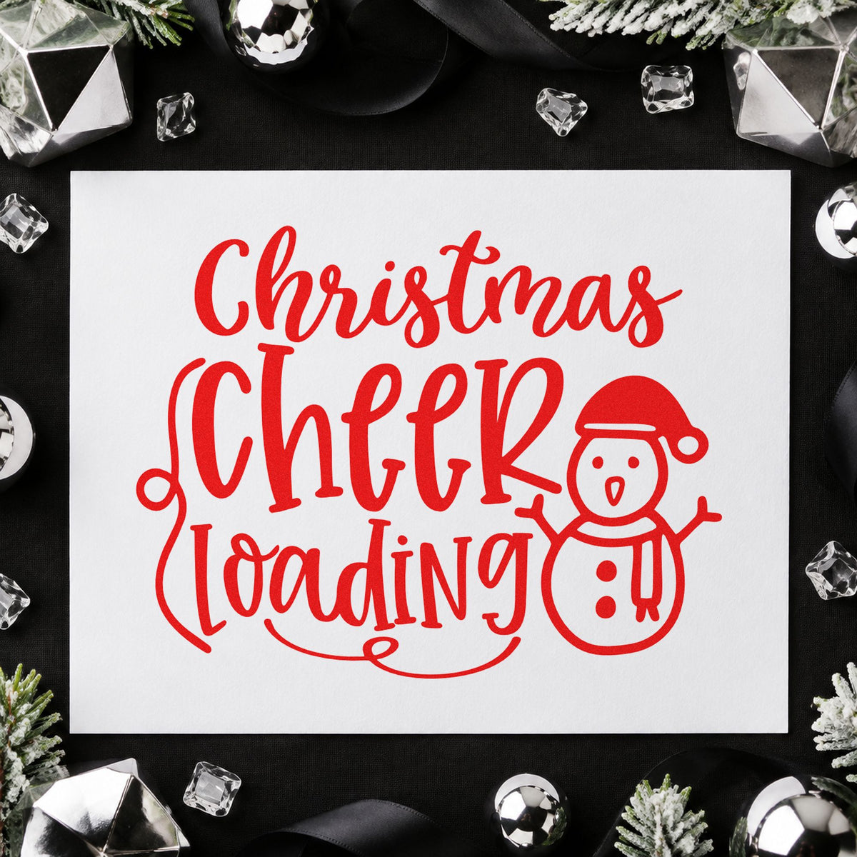 Christmas Cheer Loading Snowman rubber stamp shown in red ink, stamped for projects such as prize bin labels.
