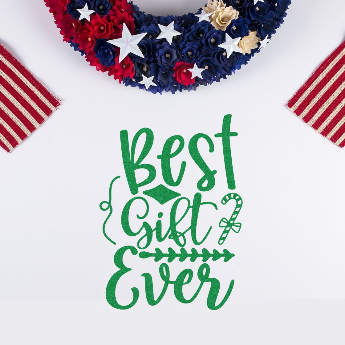 Best Gift Ever rubber stamp design for gift packaging, with patriotic red, white and blue wreath accents.