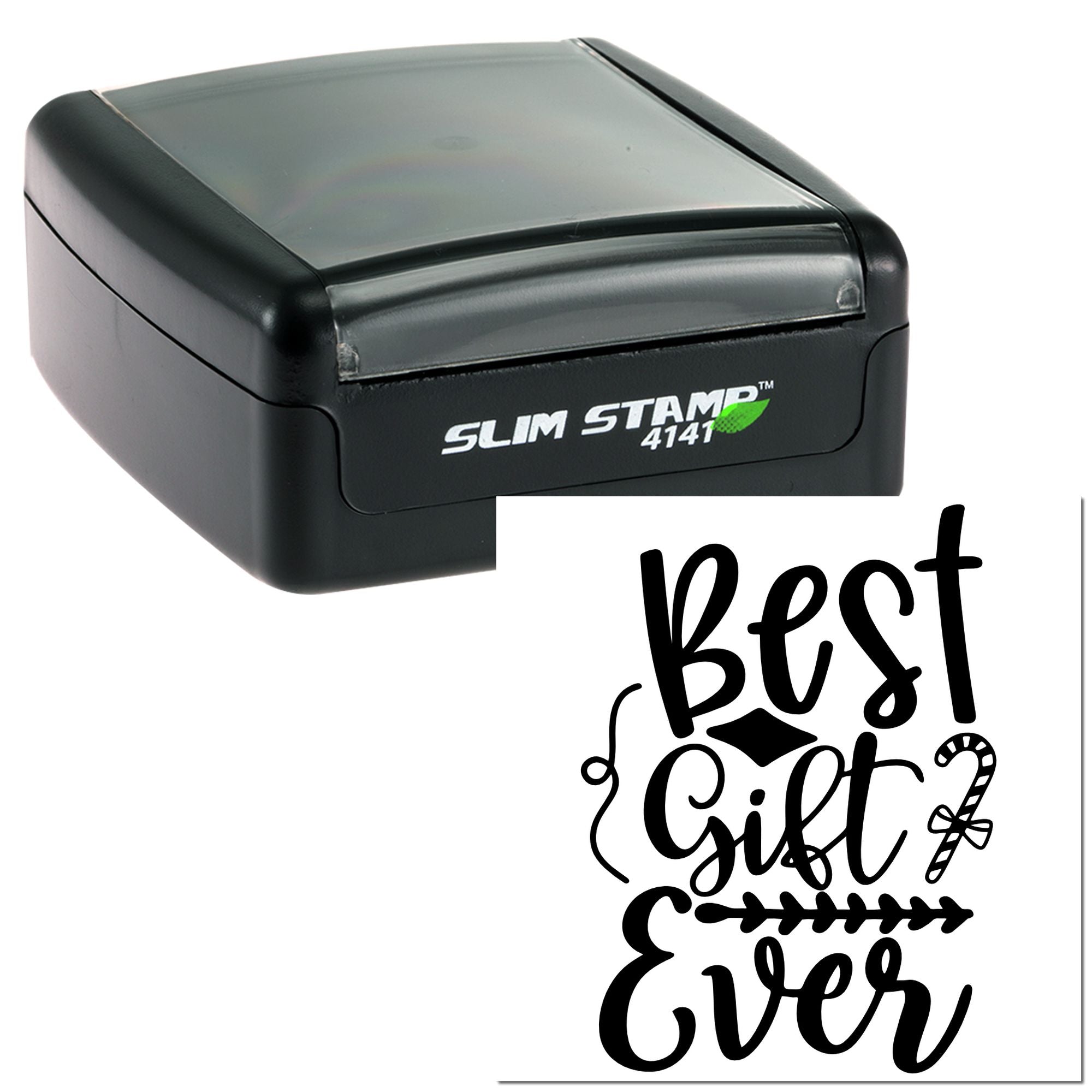 Slim self-inking rubber stamp with Best Gift Ever design, ideal for custom gift packaging and handmade product branding.