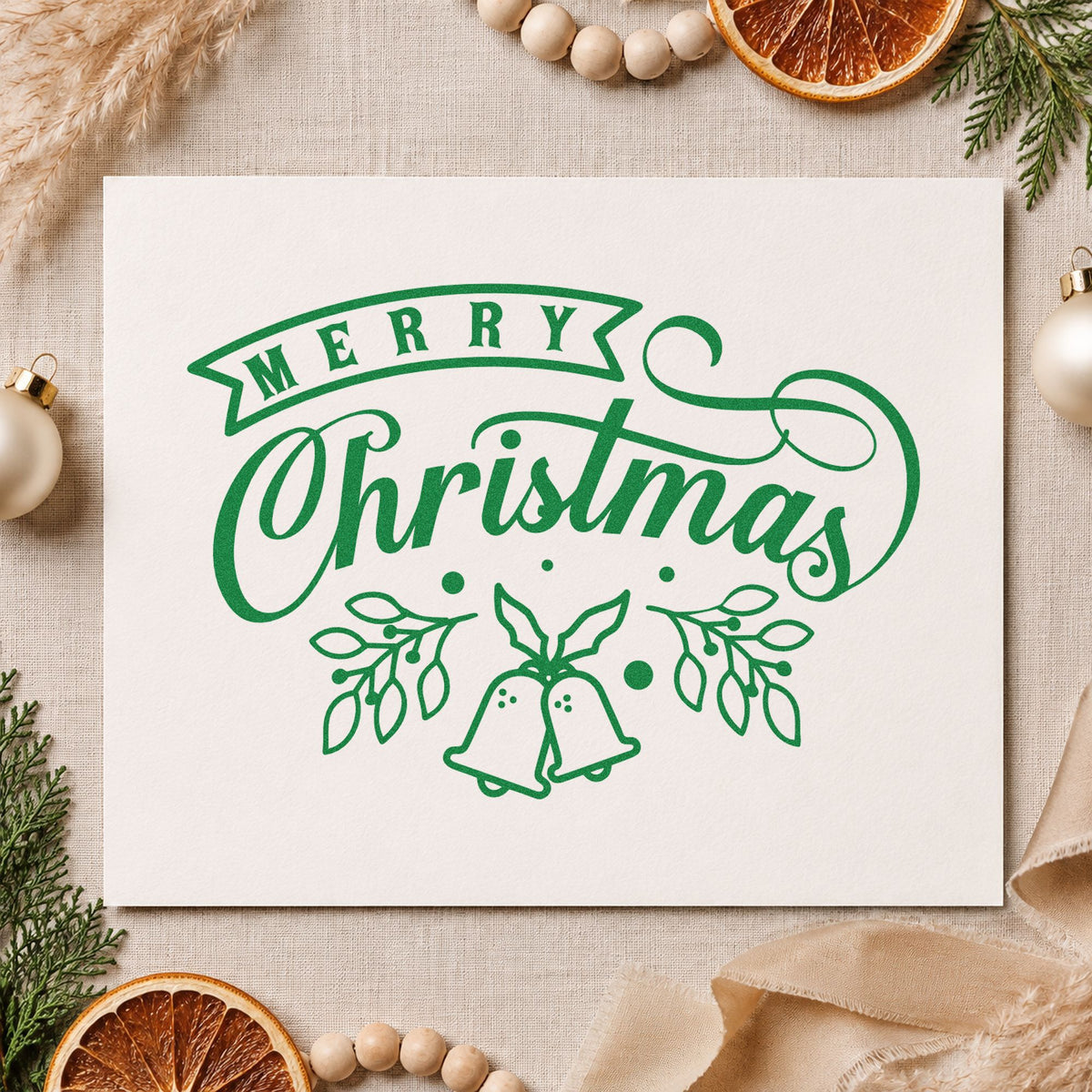Merry Christmas Bells And Leaves craft stamp imprinted in green ink on paper, a design suited to framed parlor wall.
