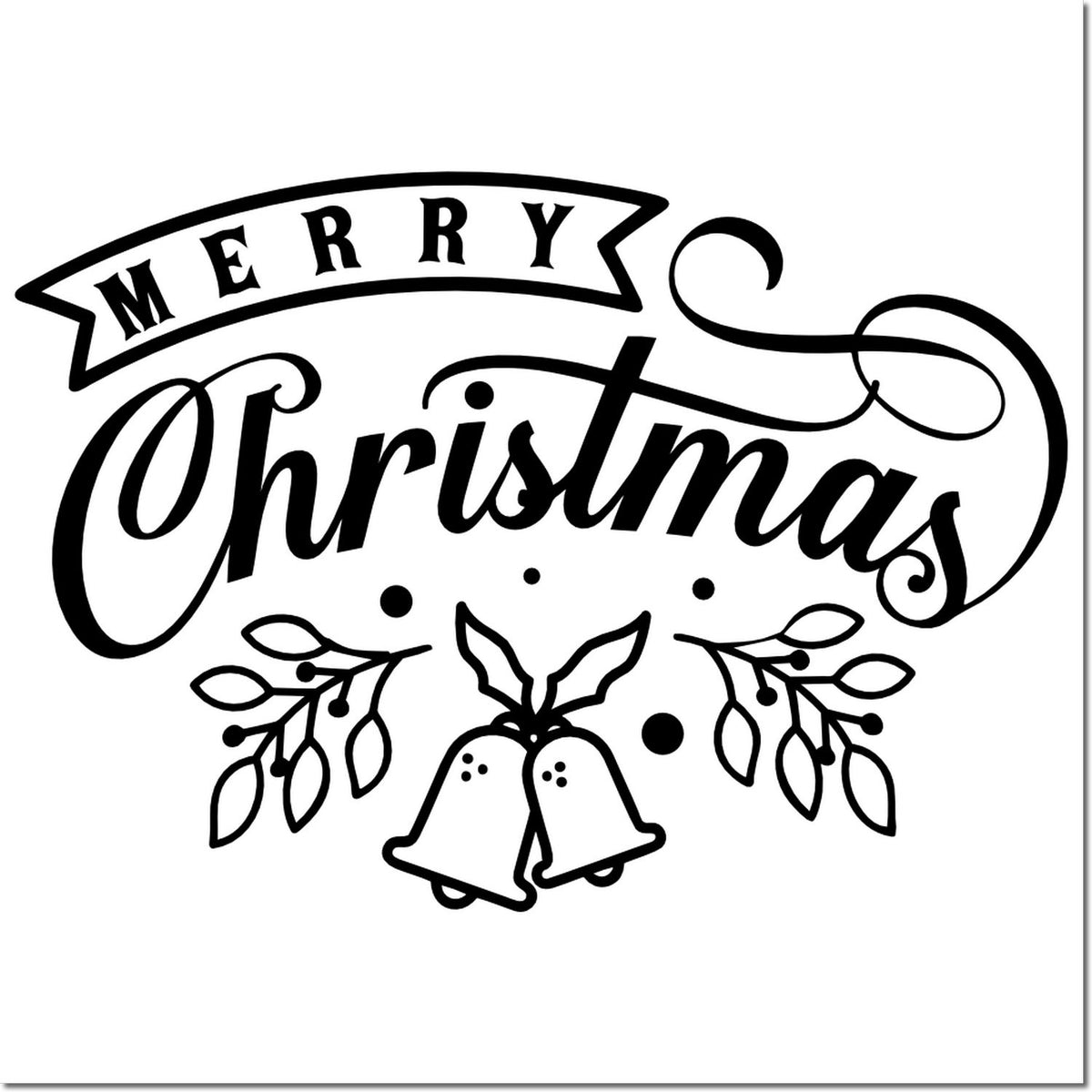Merry Christmas rubber stamp design with bells and holly, perfect for festive holiday cards, crafts, and seasonal packaging.