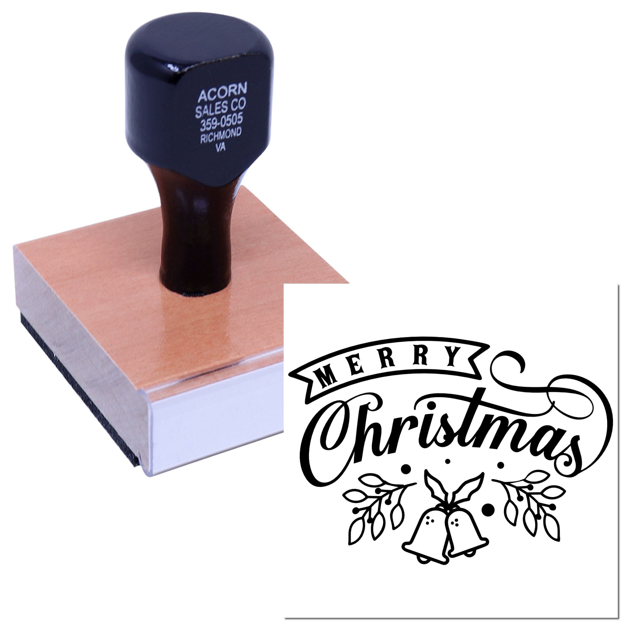 Custom Merry Christmas rubber stamp with decorative bells, ideal for holiday cards, gift tags, and festive branding.