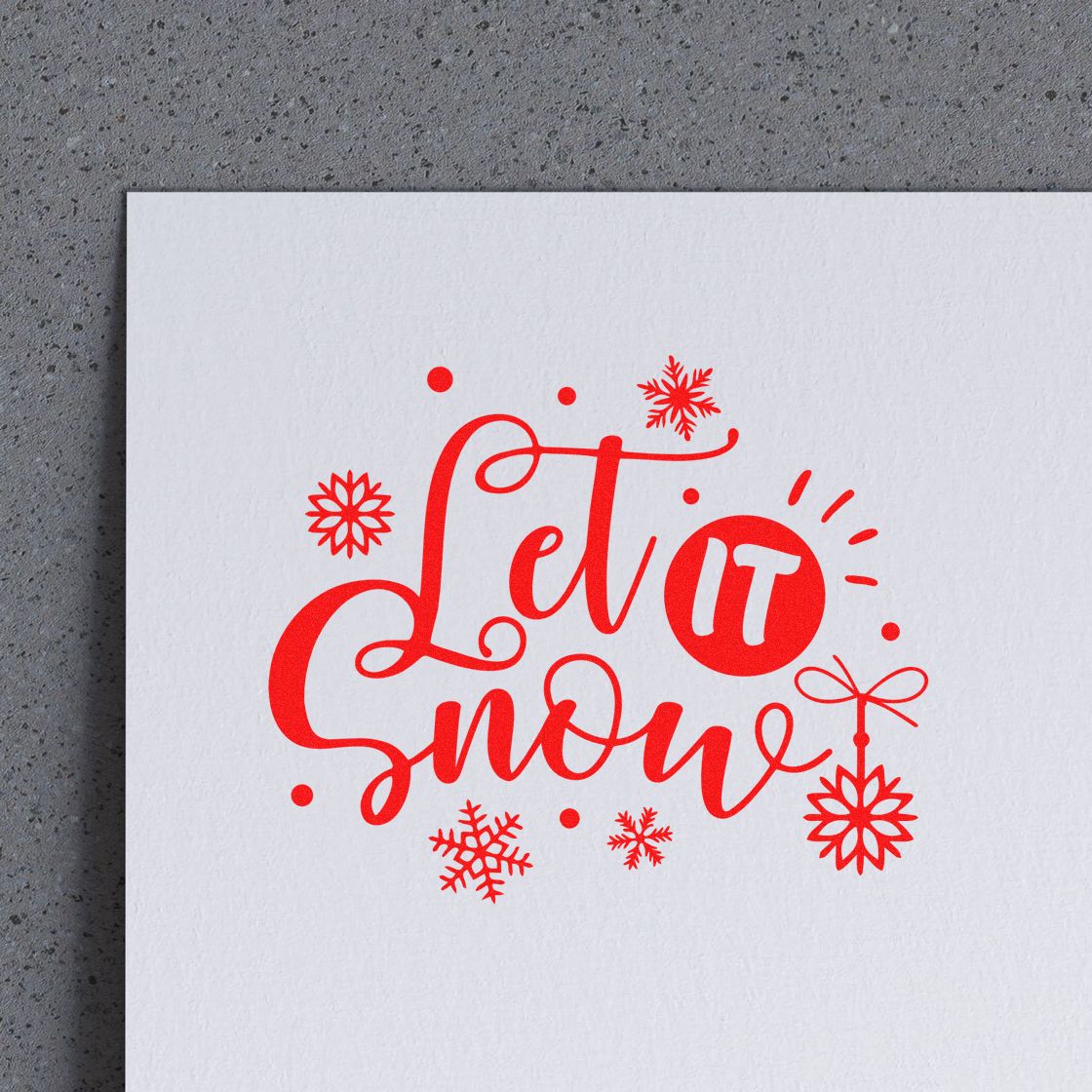 Red Let It Snow rubber stamp design with snowflakes, perfect for holiday cards, winter crafts, and festive packaging.