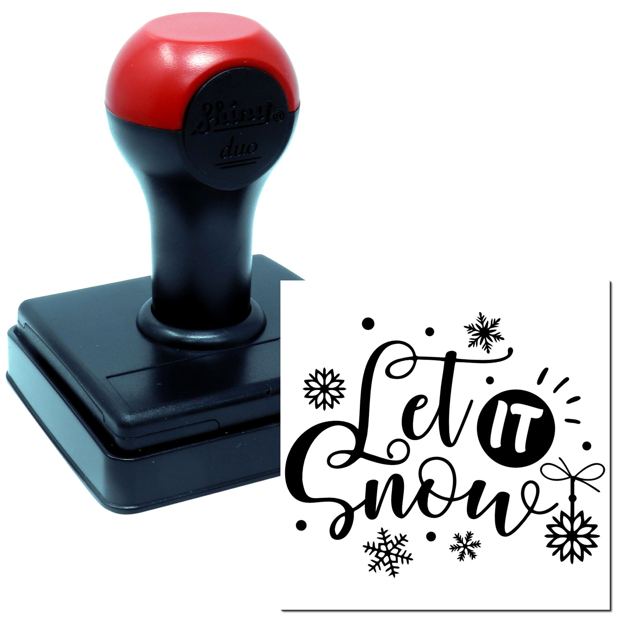 Self-inking rubber stamp showing Let It Snow with snowflakes for winter holiday cards, crafts, and seasonal packaging.