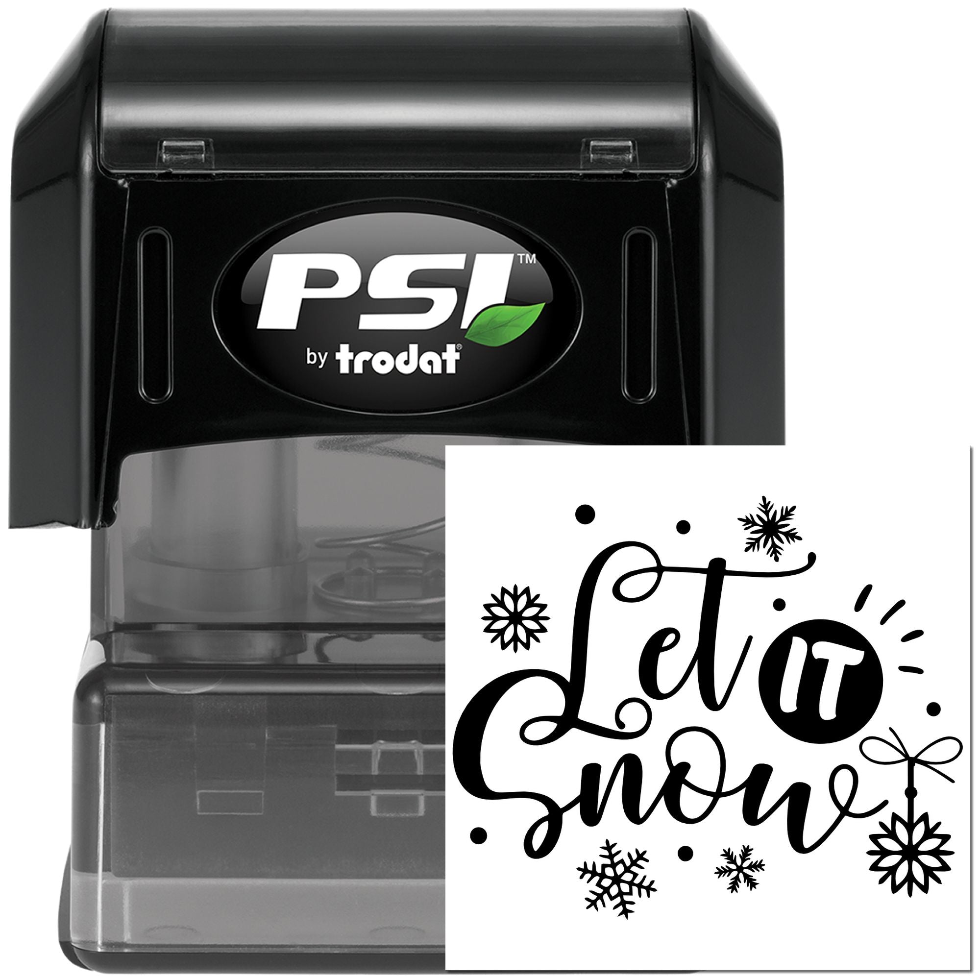 PSI by Trodat self-inking rubber stamp with Let It Snow holiday design and snowflakes for custom winter cards and crafts.