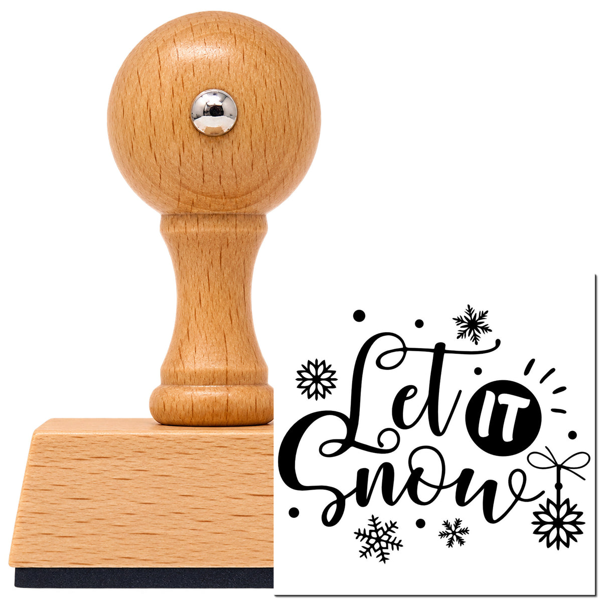 Let It Snow Ornaments Snowflakes Vintage Pro rubber stamp in European beech wood with a round knob handle, shown beside its black imprint.