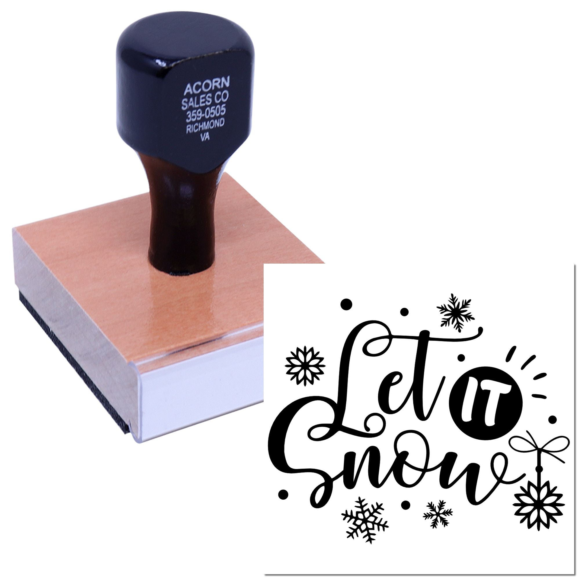 Custom rubber stamp with Let It Snow holiday design and snowflakes for seasonal cards, crafts, and packaging.