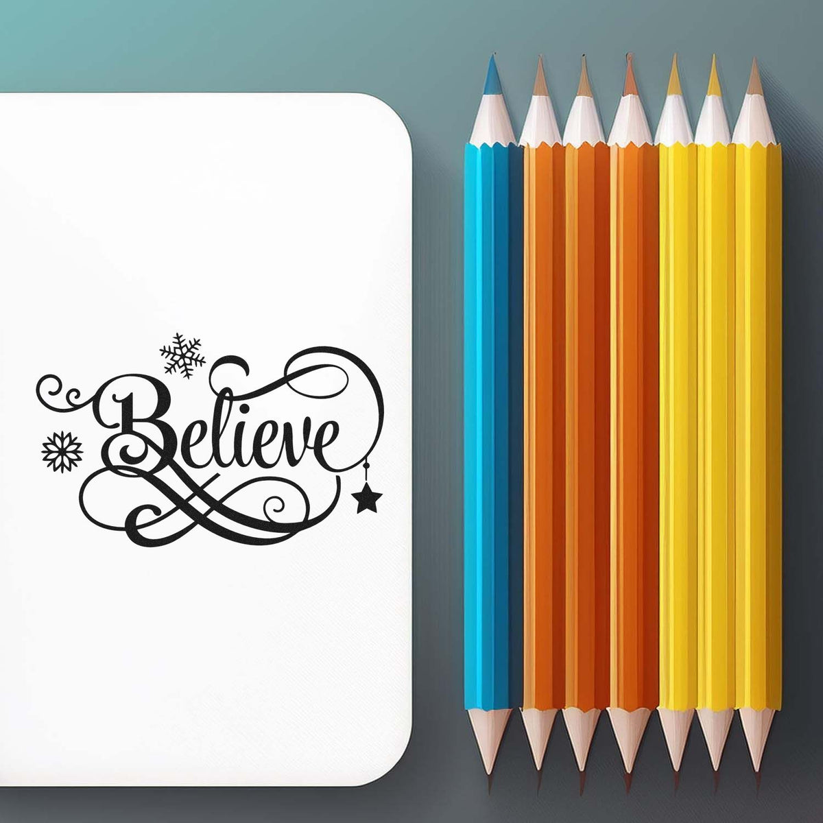 Decorative Believe rubber stamp for holiday crafts, featuring elegant script, snowflakes, and star accents.