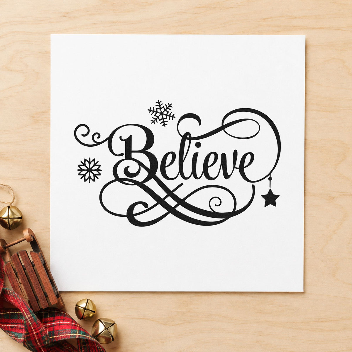 Believe Snowflakes Hanging Star Rubber Stamp – Duo Hand in use 9