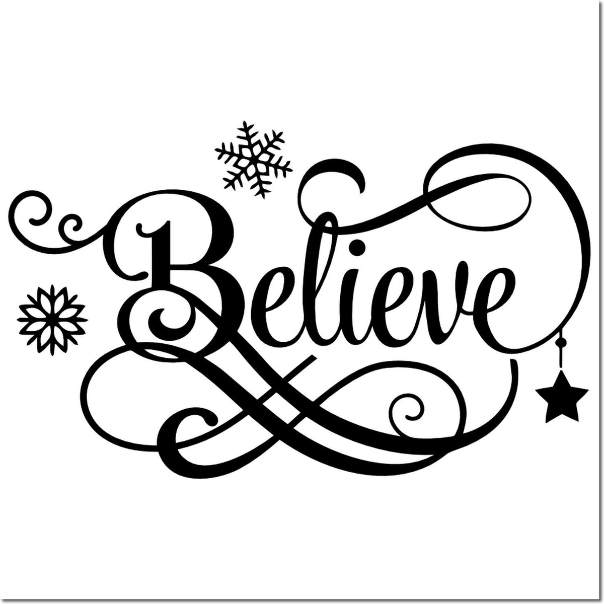 Believe holiday rubber stamp design with snowflakes and star accents