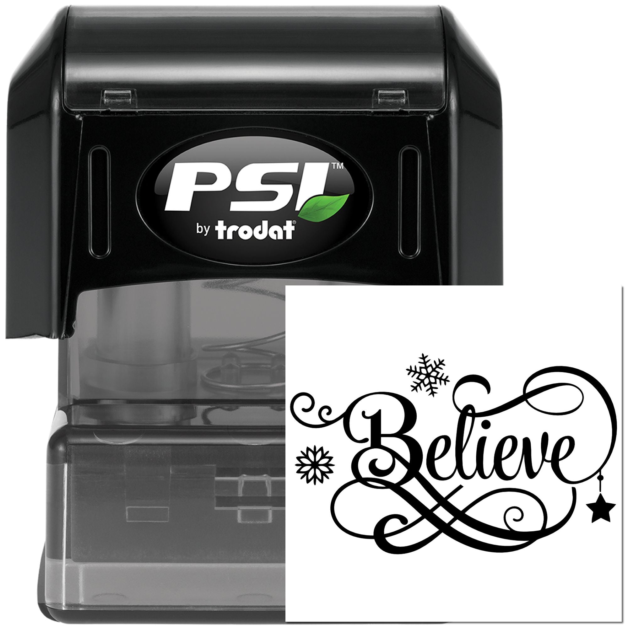 PSI by Trodat self-inking custom rubber stamp with Believe design for holiday cards and crafts