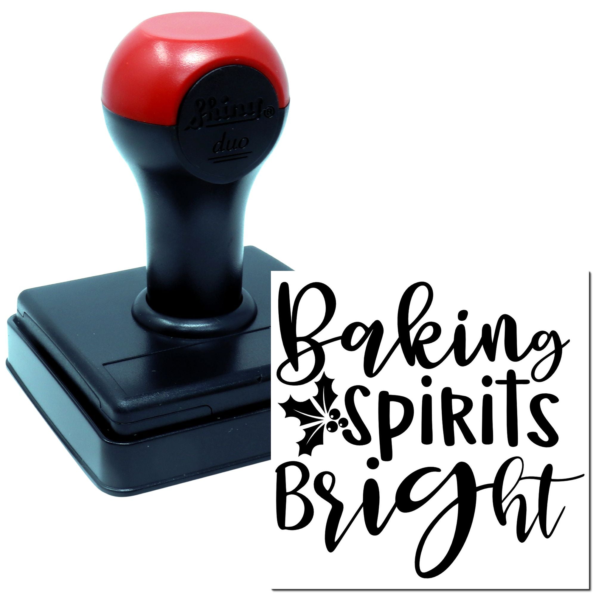 Self-inking rubber stamp with Baking Spirits Bright holiday message for festive baking and packaging.