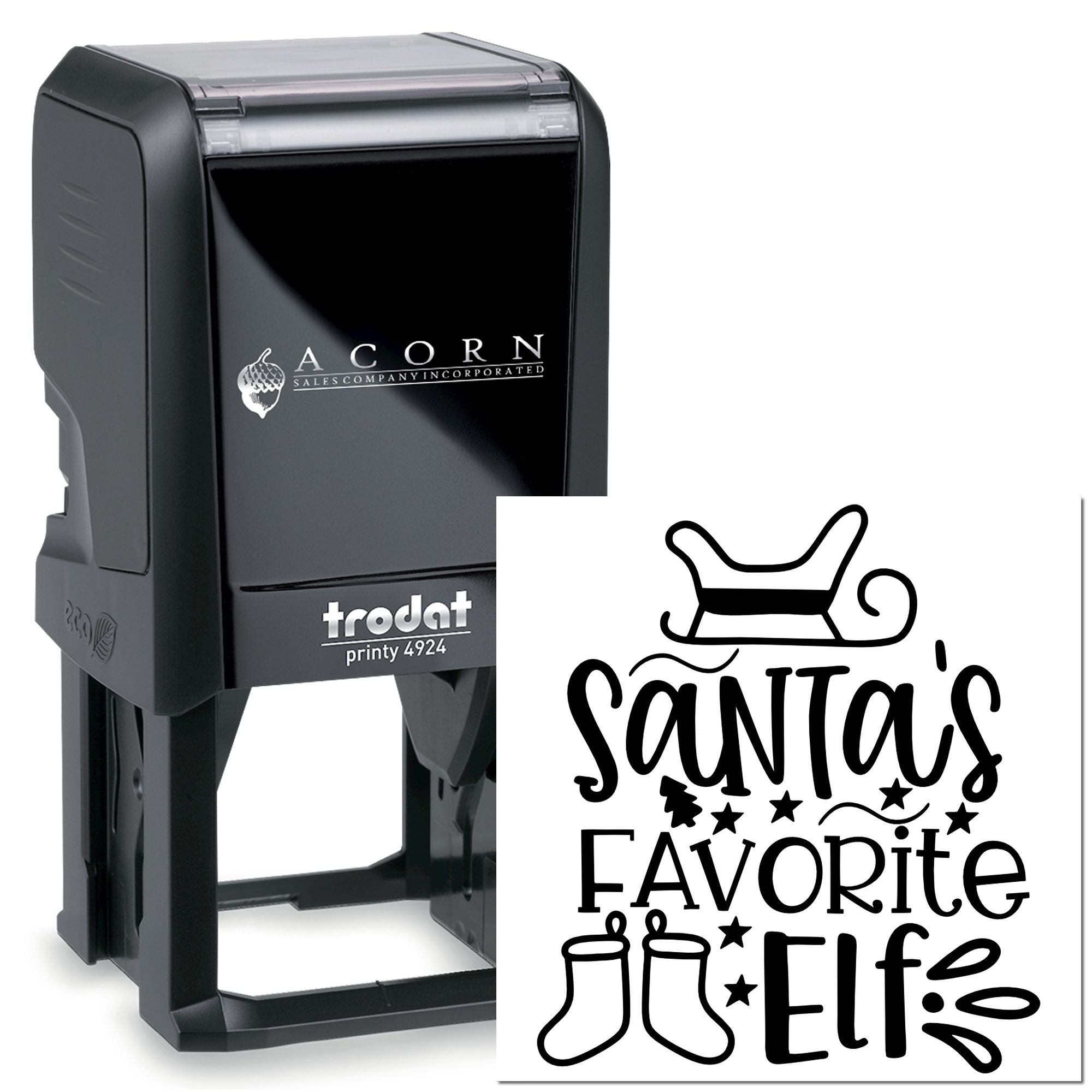 Custom self-inking rubber stamp with Santas Favorite Elf Christmas design, Trodat Printy 4924.