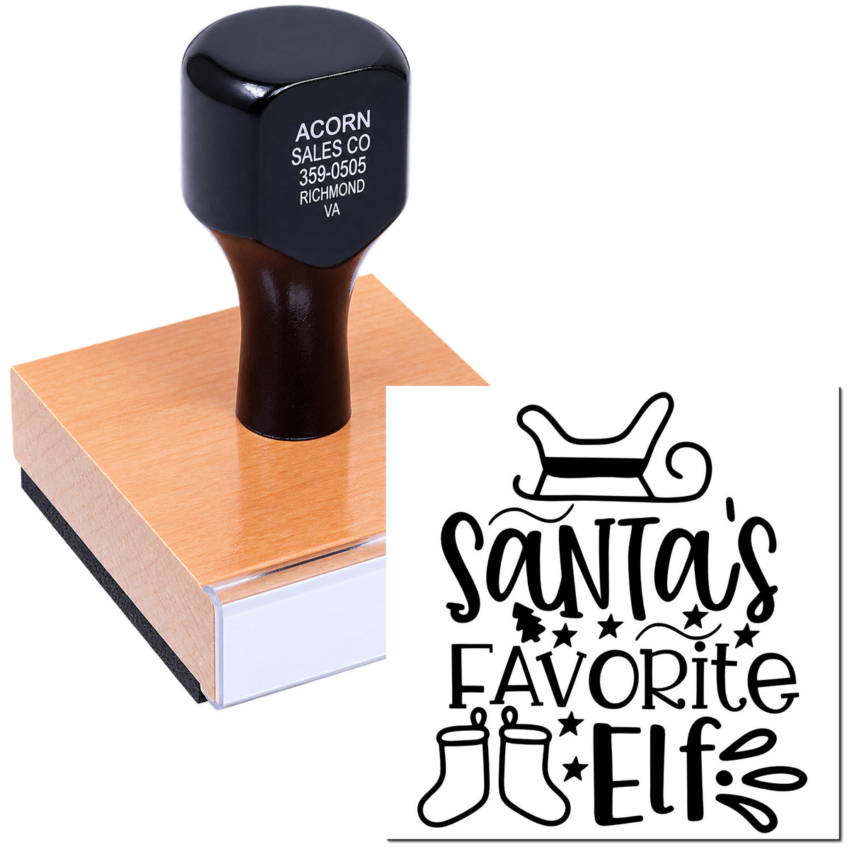 Custom rubber stamp featuring Santas Favorite Elf design for holiday cards, gift tags, packaging, and festive crafts.