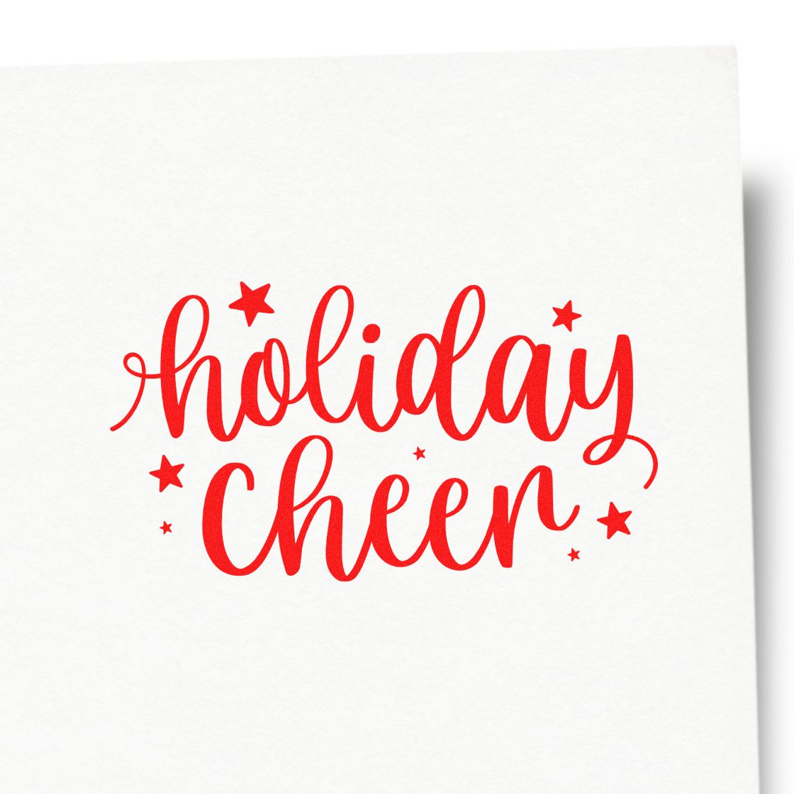 Holiday Cheer rubber stamp design in festive red script with stars, perfect for Christmas cards, gifts, and holiday crafts.