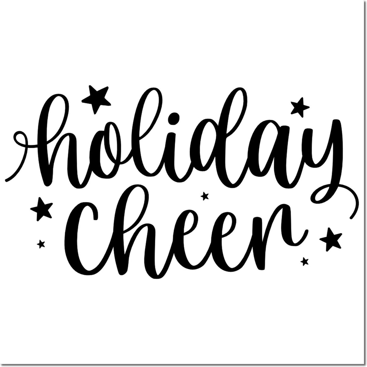 Holiday Cheer rubber stamp design in festive script with stars, perfect for Christmas cards, gift tags, and seasonal crafts.