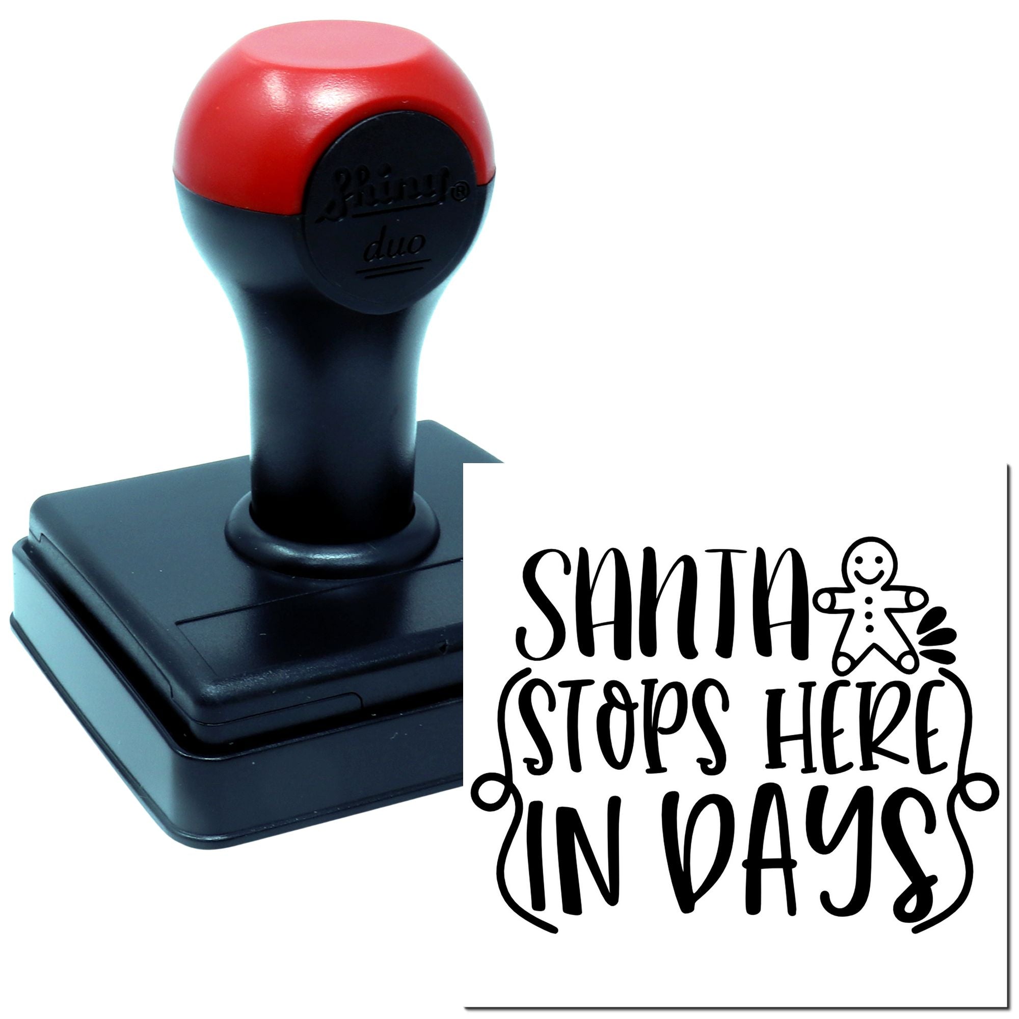 Self-inking custom rubber stamp with Santa Stops Here in Days holiday message for Christmas countdown crafts.