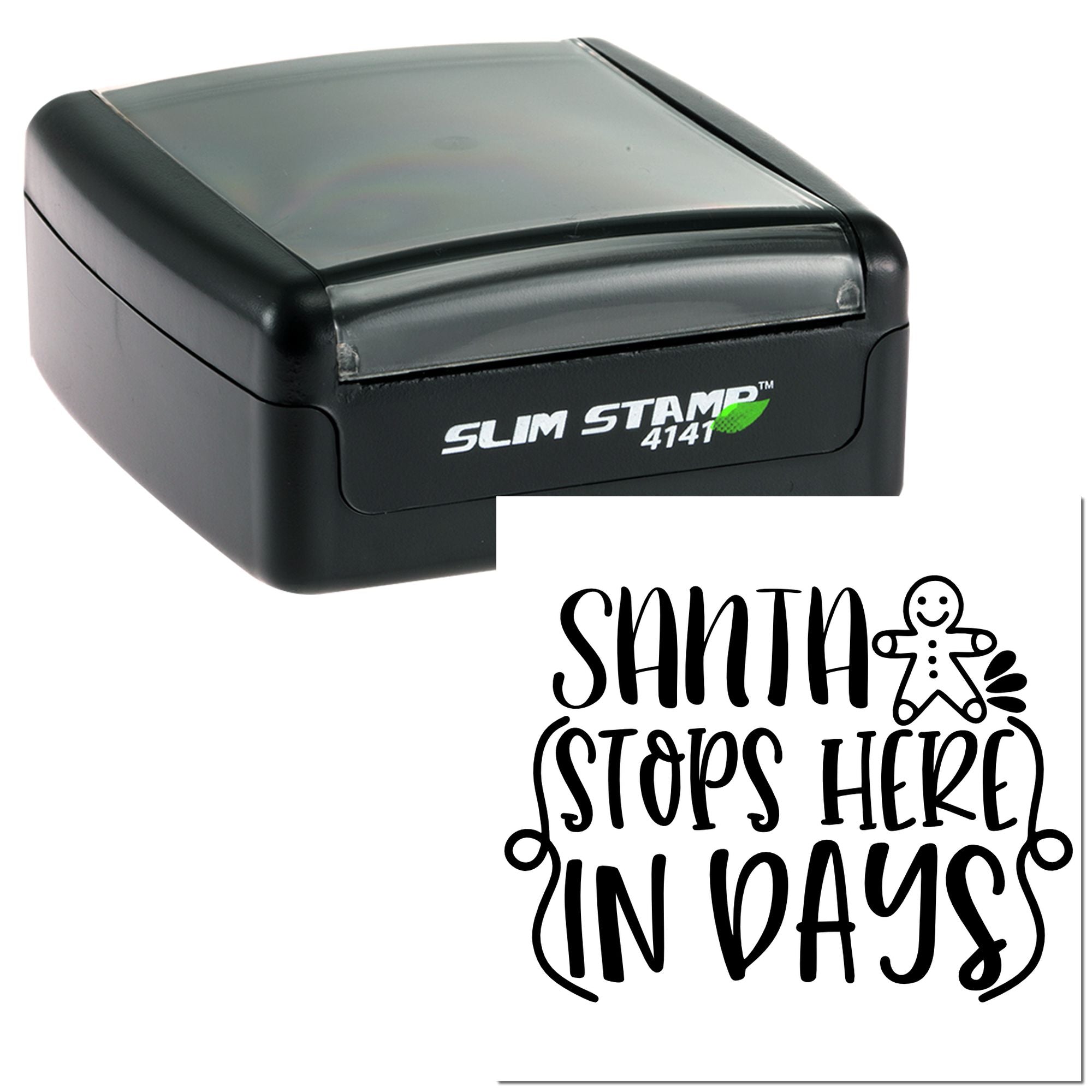 Personalized self-inking rubber stamp with holiday countdown message and gingerbread man design.