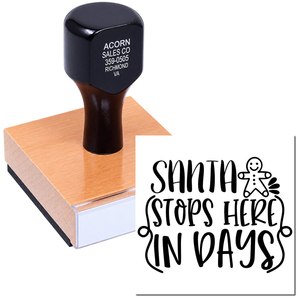 Custom rubber stamp for Christmas crafts, featuring Santa Stops Here in Days holiday design.