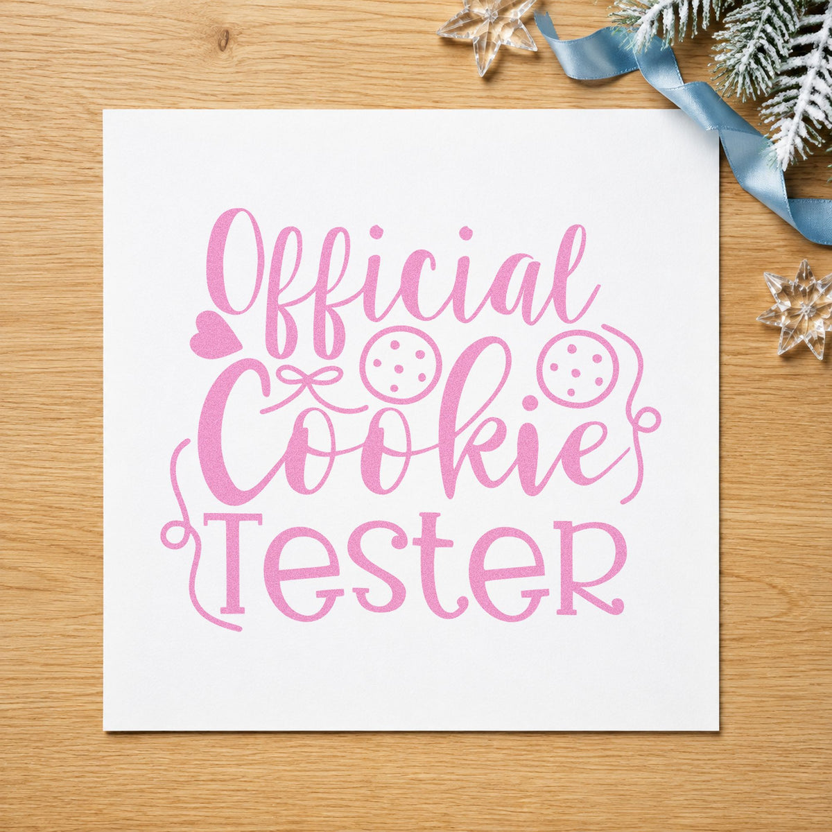 Official Cookie Tester Script craft stamp in purple ink on cardstock, an easy option for side by side album.