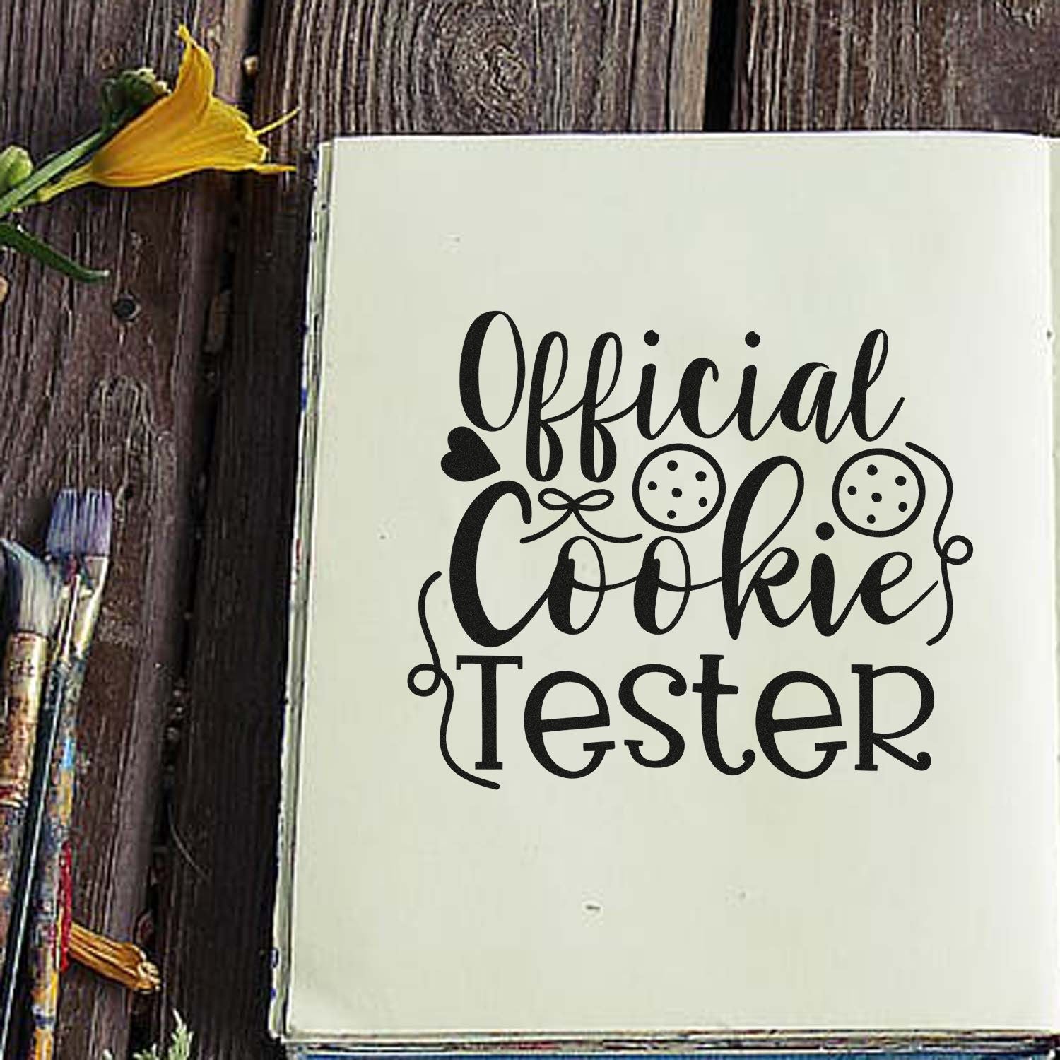 Official Cookie Tester rubber stamp design on a notebook page, perfect for baker gifts, kitchen crafts, and custom stamps.