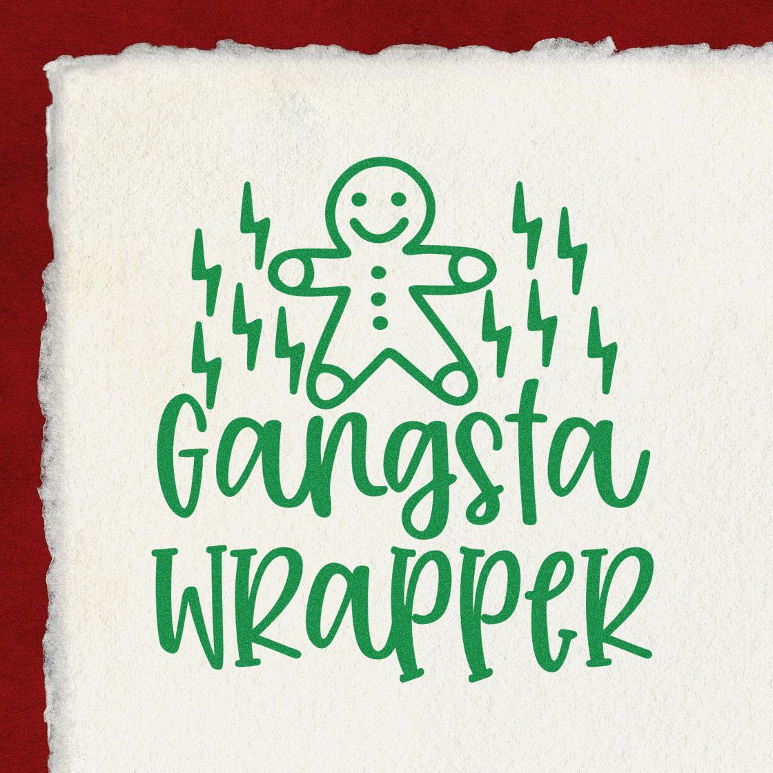 Gangsta Wrapper rubber stamp design with gingerbread man and lightning bolts for fun holiday gift wrapping.
