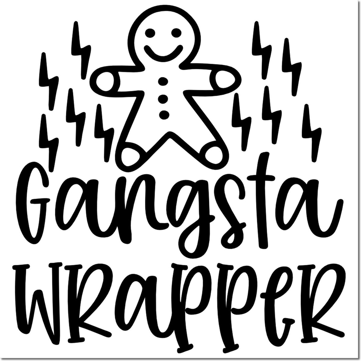 Gangsta Wrapper rubber stamp design with gingerbread man and lightning bolts for Christmas gift wrapping.