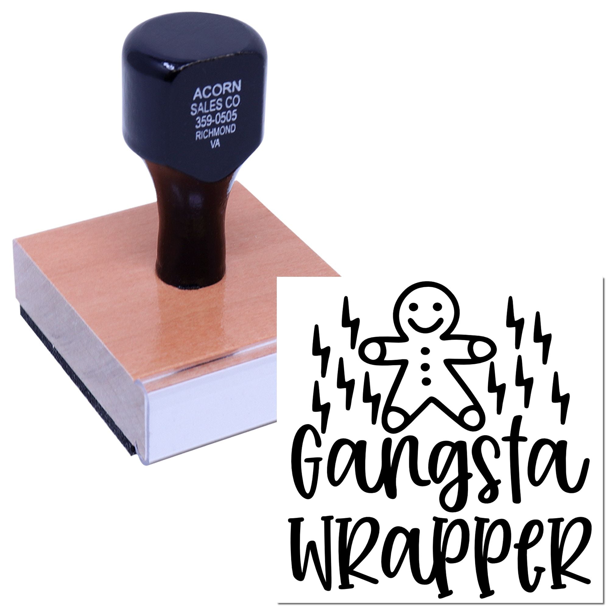 Custom rubber stamp with Gangsta Wrapper gingerbread design for holiday gift wrap, packaging, and craft projects.