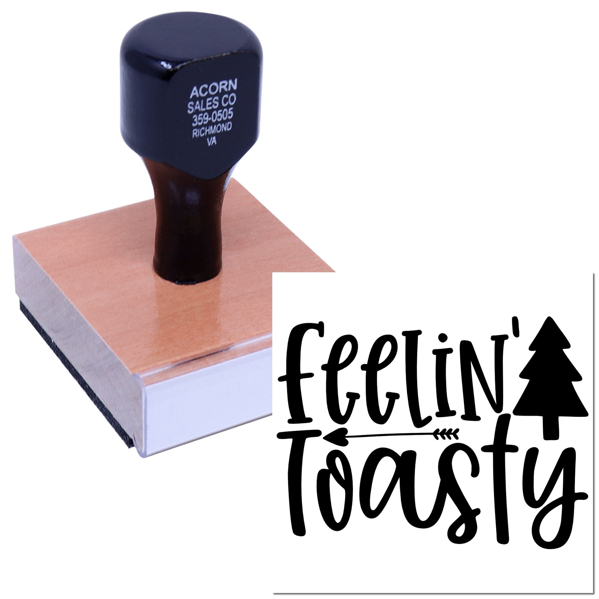 Custom rubber stamp with Feelin Frosty design and pine tree icon for holiday cards, crafts, and Christmas packaging.