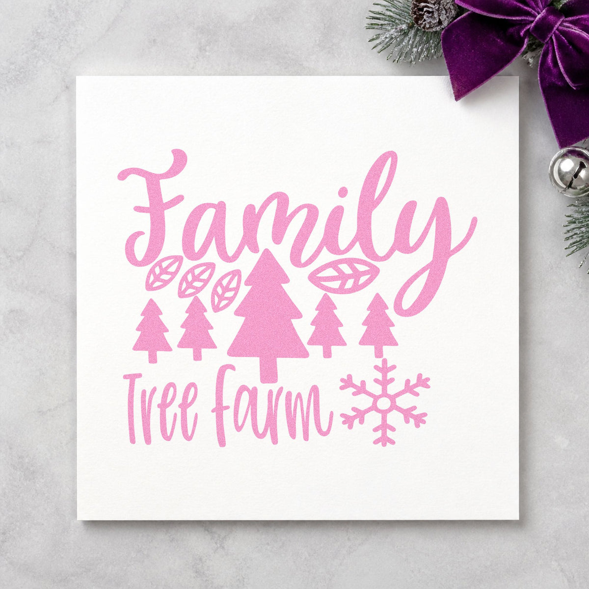 Family Tree Farm Winter craft stamp in purple ink on cardstock, an easy option for generations album page.