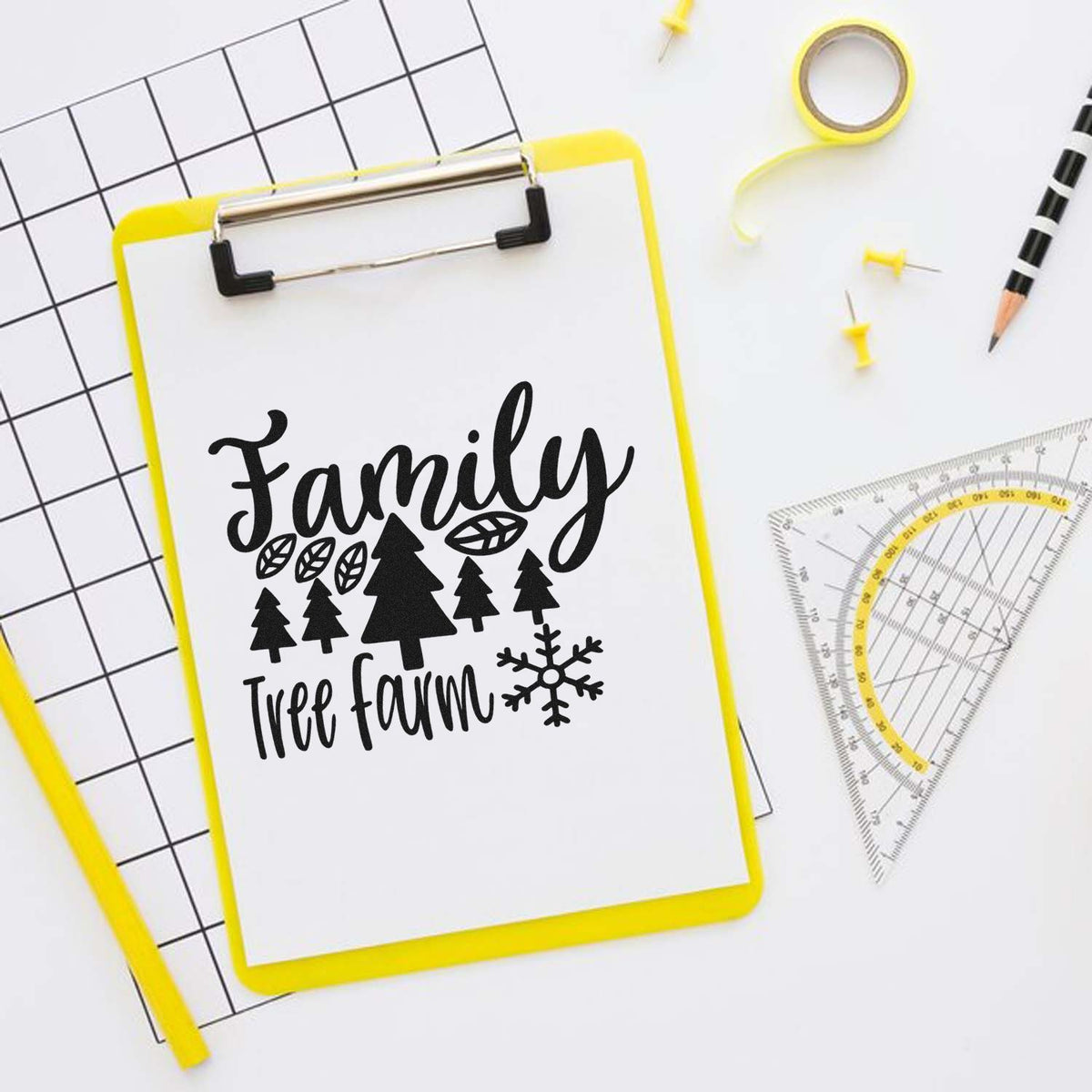 Pre-Inked Family Tree Farm Winter Pine Motif Stamp – PSI imprint stamped in black ink. The words "Family tree farm" surround a row of pine trees with snowflake and patterned leaf accents.