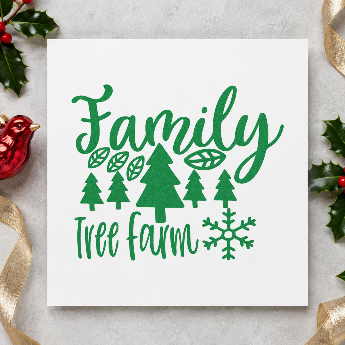 Family Tree Farm Winter craft stamp imprinted in green ink on paper, a design suited to framed farm office.