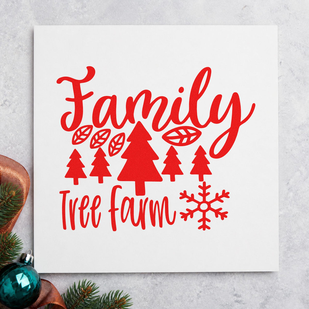 Family Tree Farm Winter rubber stamp shown in red ink, stamped for projects such as field block labels.