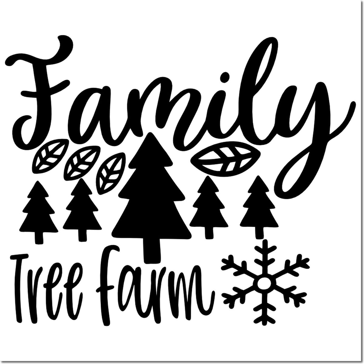 Family Tree Farm rubber stamp design with pine trees, leaves, and snowflake for rustic holiday crafts.