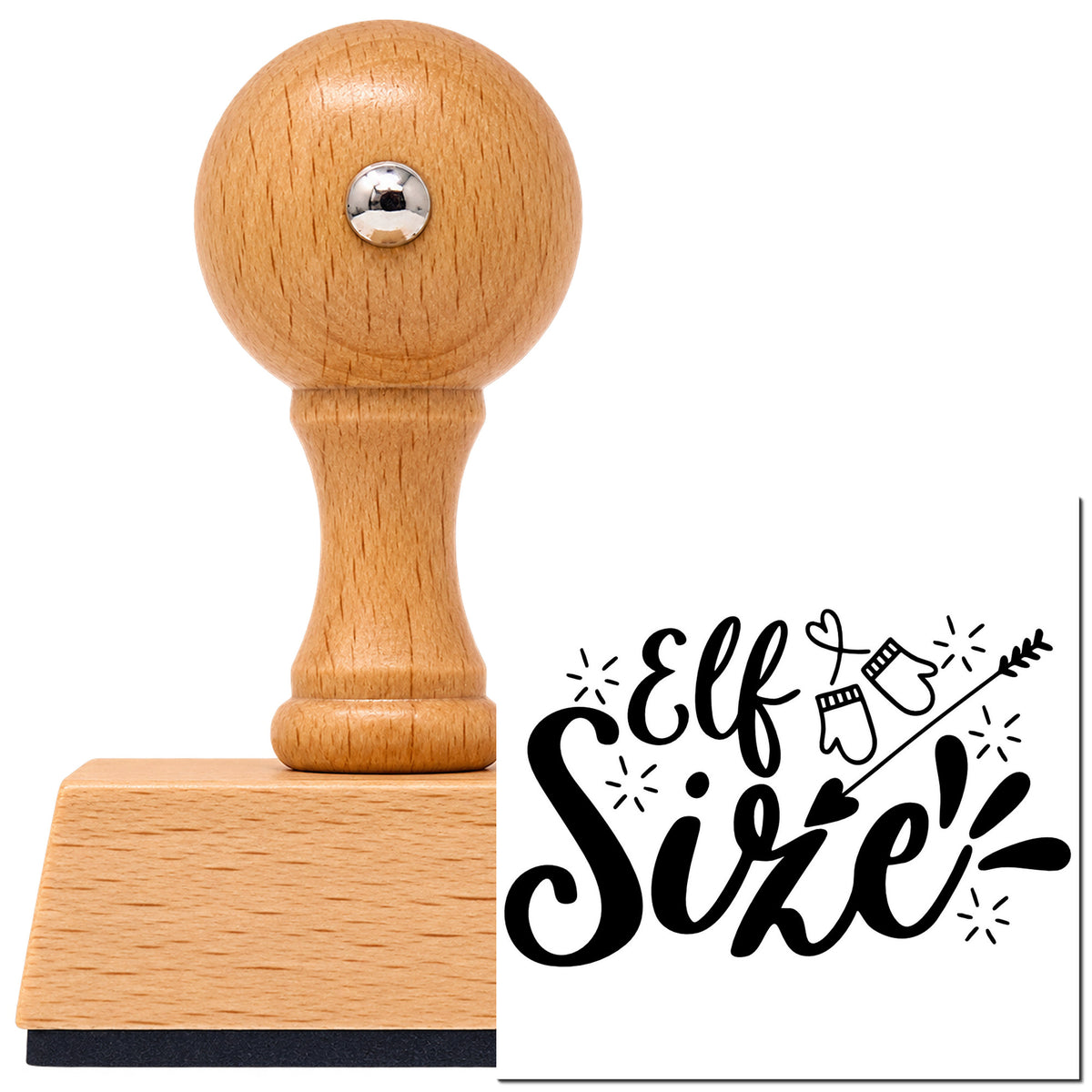 Elf Size Mittens Arrow Vintage Pro rubber stamp in European beech wood with a round knob handle, shown beside its black imprint.
