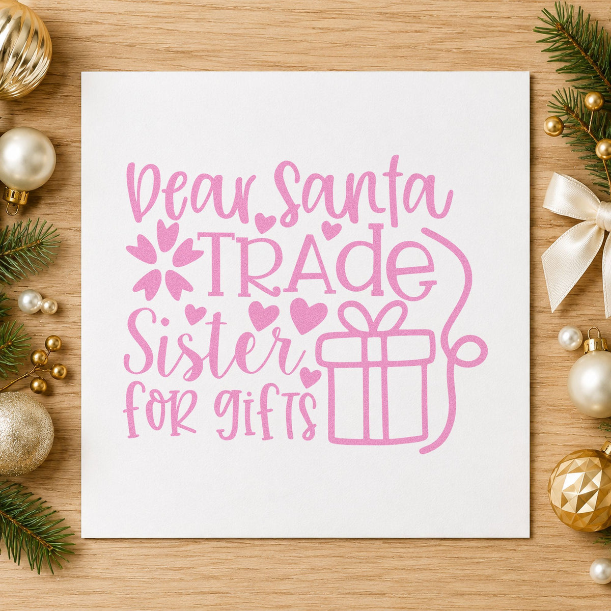 Dear Santa Trade Sister Gifts craft stamp in purple ink on cardstock, an easy option for sibling album page.