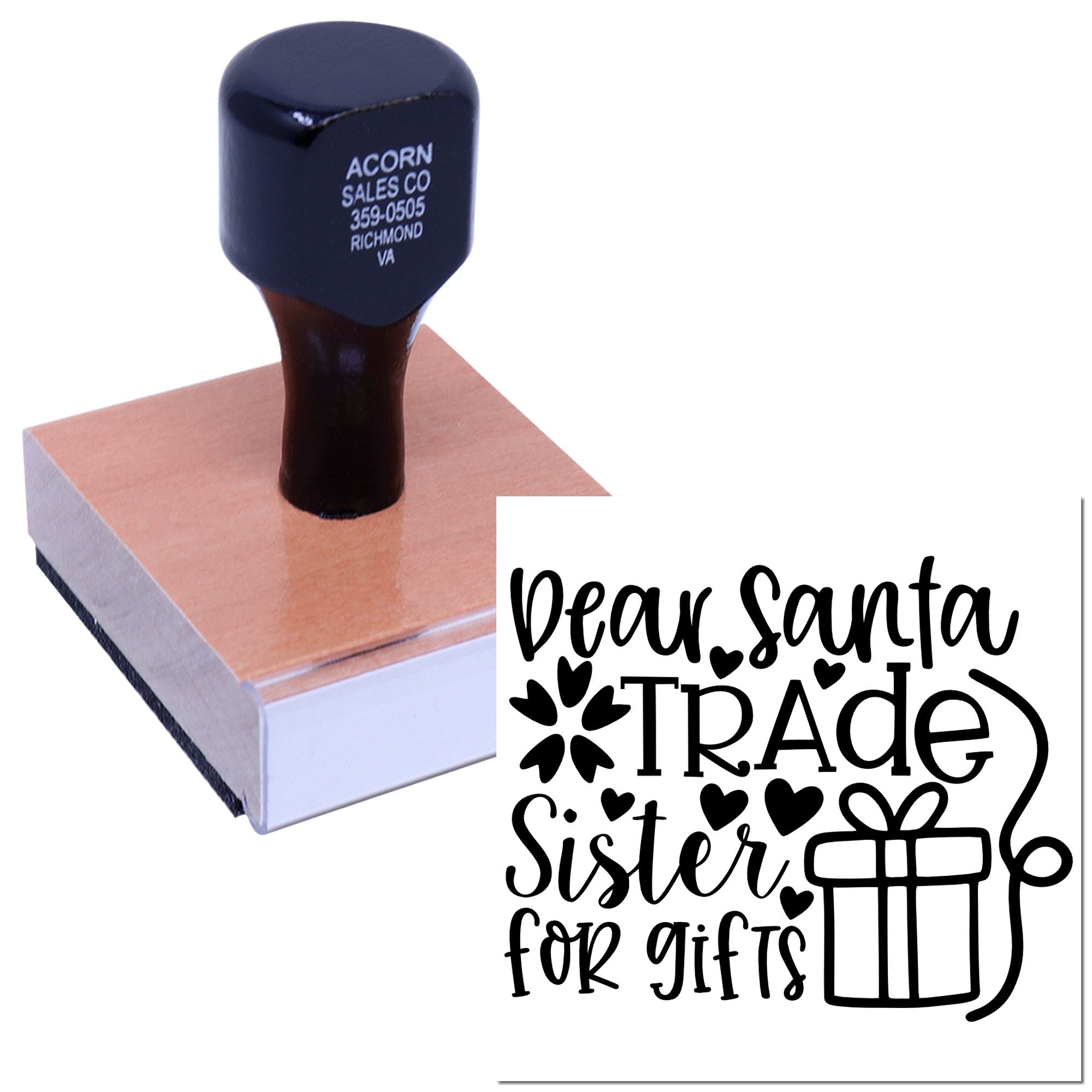 Custom holiday rubber stamp reading Dear Santa, trade sister for gifts for festive gift tags, cards, and crafts.