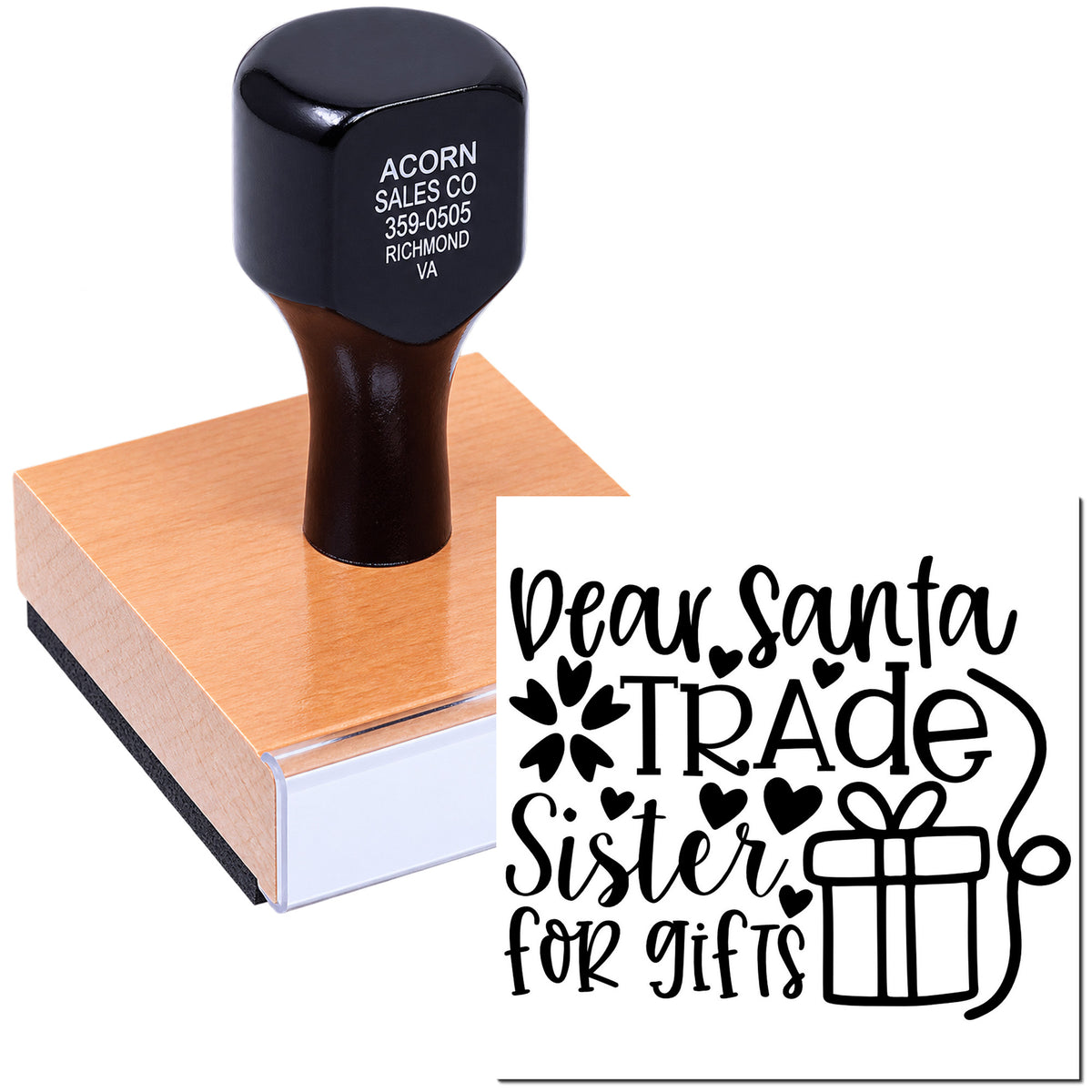Custom holiday rubber stamp reading Dear Santa, trade sister for gifts for festive gift tags, cards, and crafts.
