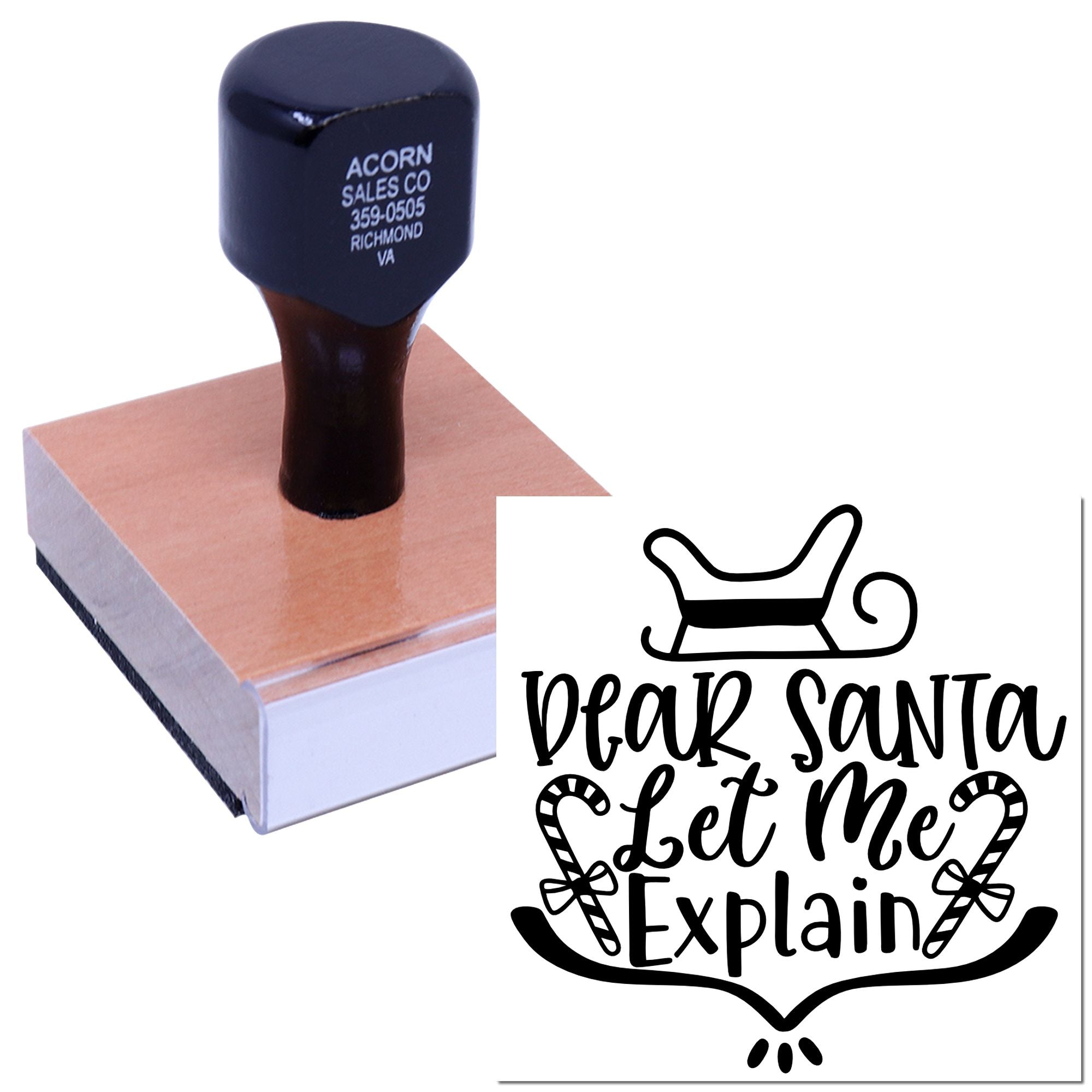 Wooden rubber stamp with Dear Santa Let Me Explain design, perfect for Christmas cards and holiday crafting.