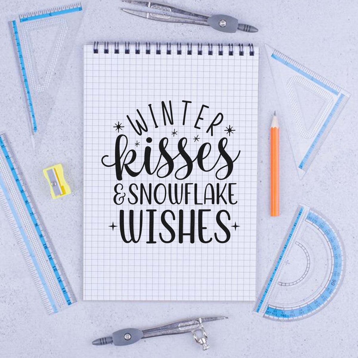 Winter Kisses & Snowflake Wishes rubber stamp design for holiday cards, scrapbooking, and winter craft projects.